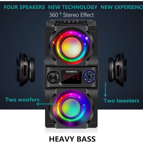 Bluetooth Speaker, 40W (60W Peak) Portable Wireless Speaker with Colorful Lights, Double Subwoofer Heavy Bass, FM Radio, MP3 Player, Bluetooth 5.0, Loud Stereo speakers for Home Outdoor Party Camping